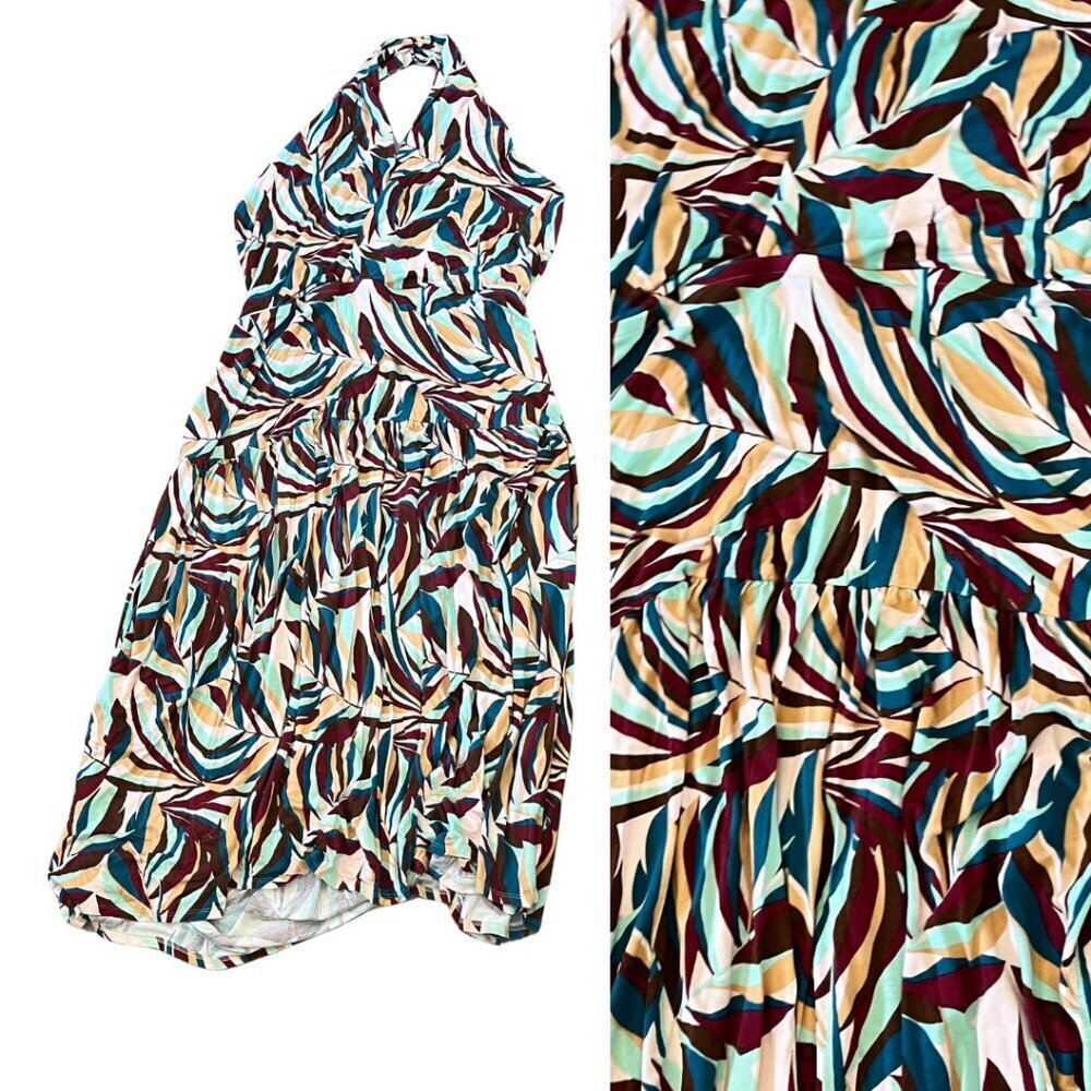 Lane Bryant Tropical Colorful Abstract Leaf Printed Tiered Halter Maxi Dress
